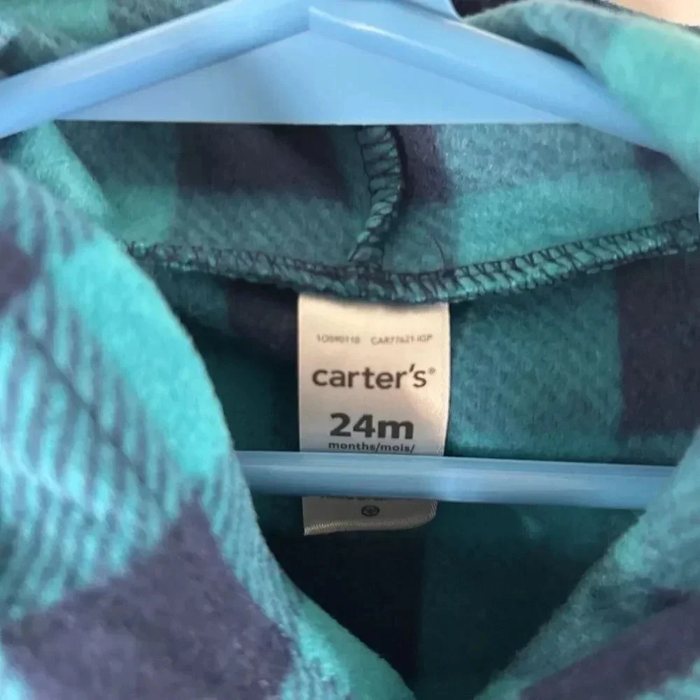 Carters Hoodie Baby Boys 24M Blue Plaid Fleece Dinosaur Embroidered New